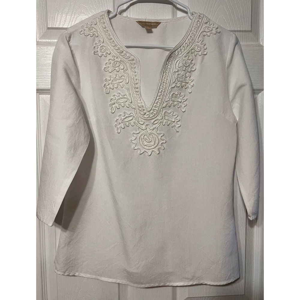 Appraisal White Embroidered Tunic Top Womens Med 3/4 Sleeve Boho Coastal Split